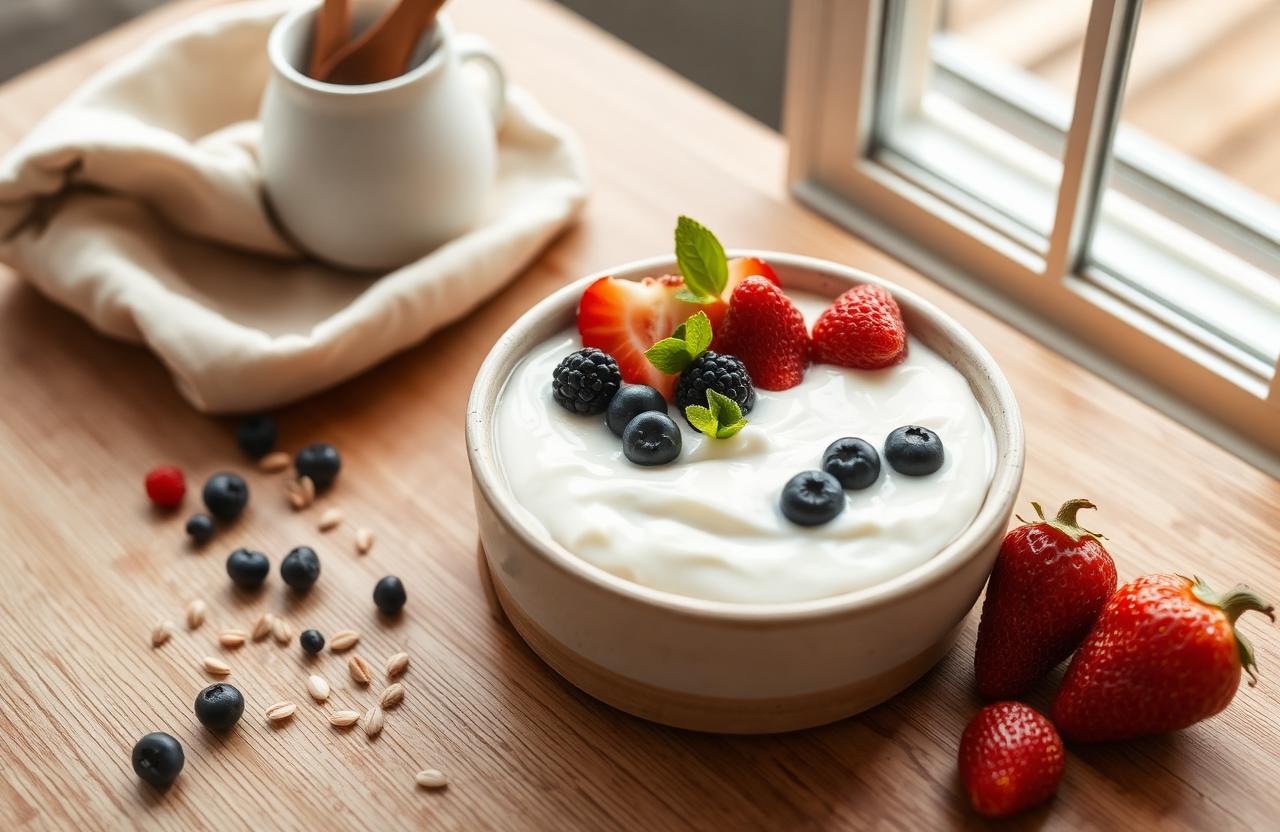 Colazione sana con yogurt, frutta fresca e cereali integrali su un tavolo luminoso, simbolo di digestione leggera