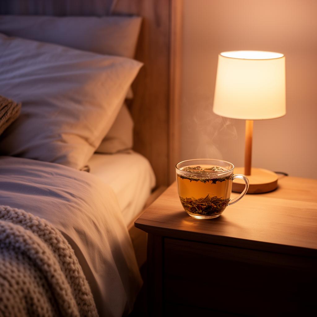 Camera da letto accogliente con luce soffratta e una tazza di tisana sul comodino